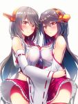  2girls bangs bare_shoulders black_hair blush breast_press breasts brown_eyes detached_sleeves dual_persona hair_ornament hairclip haruna_(kantai_collection) headgear highres kantai_collection long_hair looking_at_viewer medium_breasts multiple_girls parted_lips red_skirt remodel_(kantai_collection) ribbon-trimmed_skirt ribbon-trimmed_sleeves ribbon_trim shiny shiny_hair simple_background skirt smile swept_bangs symmetrical_docking tsukui_kachou white_background 