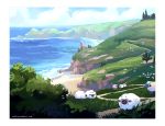  :3 artist_name ashley_coad beach blue_sky border bush cliff clouds gen_2_pokemon gen_8_pokemon grass hill looking_at_viewer mareep no_humans ocean pokemon pokemon_(creature) road rock scenery sky tree water watermark web_address white_border wool wooloo 