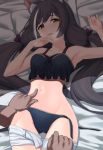  1girl animal_ear_fluff animal_ears bangs bare_shoulders bikini black_hair blush breasts cat_ears cat_tail child_(isoliya) eyebrows_visible_through_hair frilled_bikini frills green_eyes highres kyaru_(princess_connect) long_hair looking_at_viewer low_twintails lying multicolored_hair navel on_back open_mouth pillow princess_connect!_re:dive short_shorts shorts shorts_pull side-tie_bikini solo_focus streaked_hair sweat swimsuit tail twintails undressing untied untied_bikini very_long_hair white_hair white_shorts 