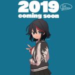  1girl 2019 anniversary black_hair black_jacket black_skirt blue_eyes closed_mouth english_text from_behind hand_in_pocket highlights highres jacket kill_la_kill letterman_jacket looking_at_viewer looking_back matoi_ryuuko miniskirt mittsun multicolored_hair pleated_skirt print_jacket redhead short_hair simple_background skirt smile solo standing streaked_hair twitter_username two-tone_hair v 