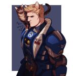  1boy animal animal_ears animal_on_shoulder armor belt black_pants black_shirt blonde_hair blue_jacket brown_belt cat cat_boy cat_ears chest_armor closed_eyes jacket male_focus nez open_clothes open_jacket overwatch pants shirt short_hair shoulder_pads simple_background soldier:_76_(overwatch) strike-commander_morrison 