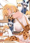  3girls :3 :d adapted_costume alternate_breast_size animal_ear_fluff animal_ears bangs black_gloves black_jacket black_neckwear blonde_hair bow bowtie breasts closed_eyes commentary cup drinking_glass drinking_straw elbow_gloves extra_ears ezo_red_fox_(kemono_friends) finger_to_mouth fox_ears gloves grey_hair hair_between_eyes hayashi_(l8poushou) highres indoors jacket kemono_friends large_breasts multicolored_hair multiple_girls ok_sign open_mouth orange_eyes orange_jacket pillow print_gloves print_legwear print_skirt serval_(kemono_friends) serval_ears serval_print shushing silver_fox_(kemono_friends) skirt sleeping smile suspender_skirt suspenders table thigh-highs triangle_mouth wooden_floor 