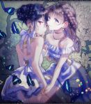  2girls backless_outfit bare_shoulders black_hair blue_bow bow braid brown_hair bug butterfly dress earrings floral_background green_nails grey_eyes haduki_tohru hair_bun hair_up highres holding_hands insect jewelry long_hair looking_at_viewer multiple_girls necklace original pink_eyes short_hair standing very_long_hair white_dress yuri 