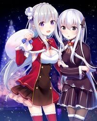  2girls :d bangs black_eyes black_legwear black_skirt blurry blurry_background bow bowtie capelet christmas_tree cowboy_shot crossed_arms detached_sleeves dress echidna_(re:zero) emilia_(re:zero) flower fur-trimmed_capelet fur-trimmed_legwear fur-trimmed_sleeves fur_trim hair_flower hair_ornament hair_ribbon highres layered_dress long_hair long_sleeves miniskirt multiple_girls nemu_mohu open_mouth outdoors pointy_ears purple_ribbon re:zero_kara_hajimeru_isekai_seikatsu red_bow red_capelet red_legwear red_neckwear red_sleeves ribbon rose shiny shiny_hair short_dress silver_hair skirt smile snowing standing straight_hair striped striped_neckwear striped_ribbon thigh-highs vertical-striped_skirt vertical_stripes very_long_hair violet_eyes white_flower white_rose zettai_ryouiki 