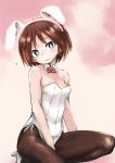  1girl ? absurdres aomushi_(mushamusha) bangs black_legwear blue_eyes bow bowtie breasts bright_pupils brown_hair bunnysuit closed_mouth collar commentary detached_collar girls_und_panzer head_tilt high_heels highres legs leotard looking_at_viewer one_knee pantyhose red_neckwear sakaguchi_karina short_hair side-tie_leotard small_breasts smile solo strapless strapless_leotard sweatdrop white_collar white_footwear white_leotard white_pupils wing_collar 