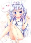  1girl angora_rabbit animal animal_slippers bangs bare_arms bare_shoulders blue_eyes blue_hair blush bunny_slippers chestnut_mouth collarbone commentary_request convenient_leg dress eyebrows_visible_through_hair gochuumon_wa_usagi_desu_ka? hair_between_eyes hair_ribbon hands_up kafuu_chino long_hair parted_lips rabbit ribbon rikatan short_dress sleeveless sleeveless_dress slippers striped striped_ribbon tippy_(gochiusa) very_long_hair white_dress white_footwear white_ribbon 