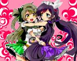  2girls :d aqua_eyes arm_around_shoulder bare_arms blush bow breast_press breasts brown_hair hair_bow hair_ornament long_hair love_live! love_live!_school_idol_project low_twintails maid minami_kotori mogyutto_&quot;love&quot;_de_sekkin_chuu! multiple_girls one_side_up open_mouth purple_hair smile symmetrical_docking thunderspark toujou_nozomi twintails yellow_eyes 