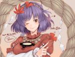  1girl artist_name blush breasts closed_mouth eyebrows_visible_through_hair hair_ornament large_breasts leaf_hair_ornament long_sleeves looking_at_viewer mudix2 one_eye_closed purple_hair red_eyes short_hair signature smile solo speech_bubble touhou translated yasaka_kanako 
