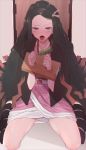  1girl bamboo bit_gag black_hair bound bound_wrists commentary_request gag gag_around_neck hair_ribbon japanese_clothes kamado_nezuko kimetsu_no_yaiba kimono long_hair looking_at_viewer open_mouth pink_eyes pink_ribbon redb ribbon sitting solo stocks tongue tongue_out wariza 