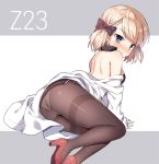  1girl ass azur_lane bangs bare_shoulders black_bow black_dress blonde_hair blush bow brown_legwear character_name dress eyebrows_visible_through_hair grey_background hair_bow high_heels long_sleeves looking_at_viewer looking_back mauve off_shoulder panties panties_under_pantyhose pantyhose red_footwear shirt shoe_soles short_hair shoulder_blades sleeveless sleeveless_dress sleeves_past_wrists solo thighband_pantyhose two-tone_background underwear v-shaped_eyebrows violet_eyes white_background white_shirt z23_(azur_lane) 