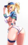  1girl ahoge arched_back artoria_pendragon_(all) ass back bangs baseball_cap bikini blonde_hair blue_eyes blue_headwear blue_jacket blush breasts cropped_jacket fate/grand_order fate_(series) hair_between_eyes hair_through_headwear hat highres jacket kanki_(kibunhasaikou) large_breasts long_hair looking_at_viewer mysterious_heroine_xx_(foreigner) open_mouth ponytail shrug_(clothing) side-tie_bikini simple_background smile solo swimsuit thigh_strap thighs white_background white_bikini wristband 