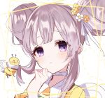  1girl :&lt; animal bangs bee blush bug closed_mouth collared_shirt double_bun eyebrows_visible_through_hair flower grey_hair hair_flower hair_ornament hair_ribbon hand_up highres idolmaster idolmaster_shiny_colors insect misumi_(macaroni) puffy_sleeves ribbon shirt sidelocks solo violet_eyes white_background white_flower white_ribbon yellow_flower yellow_shirt yuukoku_kiriko 