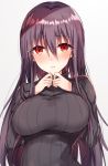  1girl bangs black_sweater blush breasts commentary_request eyebrows_visible_through_hair grey_background hair_between_eyes hands_up highres kinona large_breasts long_sleeves nose_blush original parted_lips purple_hair red_eyes ribbed_sweater simple_background sleeves_past_wrists solo sweater turtleneck turtleneck_sweater upper_body 