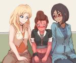  3girls black_hair blonde_hair blush brown_eyes couch embarrassed freckles girl_sandwich ilia_amitola multiple_girls navel parody rwby sandwiched saphron_cotta_arc smile terra_cotta_arc wife_and_wife yancon yuri 