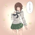  1girl alternate_costume arutoria_(187497382) bangs black_neckwear blouse brown_eyes brown_hair closed_mouth girls_und_panzer gradient gradient_background green_skirt hand_on_own_chest highres light_blush long_sleeves looking_at_viewer miniskirt neckerchief nishizumi_maho ooarai_school_uniform orange_background pleated_skirt school_uniform serafuku short_hair skirt smile solo sparkle standing translated white_blouse 