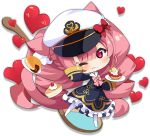  1girl animal_ears artist_request azur_lane blush bow cat_ears cat_tail character_request chibi closed_mouth crumbs eyebrows_visible_through_hair food full_body hat hat_bow heart holding holding_plate long_sleeves looking_at_viewer official_art one_eye_closed pantyhose pink_bow pink_eyes pink_hair plate red_bow smile solo tail transparent_background white_headwear white_legwear 