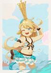  1girl :3 alkemanubis armlet armpits back_bow beach bikini bikini_skirt blonde_hair blue_eyes blue_sky boat bow charlotta_fenia crab crown draph eyebrows_visible_through_hair flat_chest frilled_bikini frills granblue_fantasy highres light_blush long_hair mini_crown navel open_mouth partially_submerged pointy_ears sky solo stomach striped striped_bikini swimsuit very_long_hair watercraft 