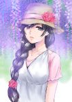  1girl absurdres actas_(studio) alternate_hairstyle bangs beautiful black_eyes black_hair blurry blurry_background braid brown_headwear casual closed_mouth commentary depth_of_field dress flower girls_und_panzer hair_flower hair_ornament hair_over_one_eye hat hat_flower highres hisaki isuzu_hana jewelry lips long_hair looking_at_viewer media_factory necklace parted_lips petals pink_shirt plant red_flower red_rose rose shirt short_sleeves single_braid solo standing tokyo_mx upper_body white_dress 