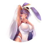  1girl animal_ears armpits bangs blunt_bangs blush breasts covered_navel dark_skin earrings eyebrows_visible_through_hair facial_mark fate/grand_order fate_(series) highres hoop_earrings jackal_ears jewelry large_breasts long_hair low-tied_long_hair nitocris_(fate/grand_order) nitocris_(swimsuit_assassin)_(fate) one-piece_swimsuit purple_hair simple_background solo suigetsu_(hjs1106) swimsuit violet_eyes white_background white_swimsuit 