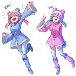  2girls :d ^_^ animal_hood arm_up bangs blue_coat blue_footwear blue_hair bow clenched_hands closed_eyes english_text eyebrows_visible_through_hair fang fur-trimmed_hood hand_up hood leg_warmers long_hair long_sleeves low_twintails multiple_girls nieve_(rabi_ribi) nixie_(rabi_ribi) open_mouth pink_coat pink_footwear pink_hair pom_pom_(clothes) rabi-ribi shoes siblings sisters smile speckticuls sweatdrop thigh-highs transparent_background twintails upper_teeth v-shaped_eyebrows white_legwear wide_sleeves 