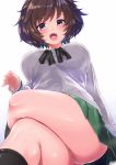  1girl akiyama_yukari amasora_taichi bangs black_legwear blouse blush breasts brown_eyes brown_hair commentary_request crossed_legs eyebrows_visible_through_hair from_below girls_und_panzer green_skirt hair_between_eyes highres large_breasts lips long_sleeves looking_at_viewer messy_hair miniskirt ooarai_school_uniform open_mouth panties pantyshot pantyshot_(sitting) pink_lips pleated_skirt school_uniform serafuku short_hair sitting skirt solo thighs underwear white_blouse 