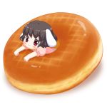  1girl :3 animal_ears arm_rest bebeneko black_hair blush commentary_request doughnut dress eyebrows_visible_through_hair food in_food inaba_tewi looking_at_viewer minigirl pink_dress puffy_short_sleeves puffy_sleeves rabbit_ears red_eyes short_hair short_sleeves simple_background touhou upper_body white_background 
