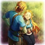 1boy 1girl black_gloves black_pants blonde_hair braid closed_eyes earrings eating facing_another fingerless_gloves gloves grass hair_ornament hairclip hand_on_hip highres jewelry link long_hair pants pearjarrr pointy_ears ponytail pouch princess_zelda short_ponytail sitting smile standing sweatdrop the_legend_of_zelda the_legend_of_zelda:_breath_of_the_wild tree_stump 