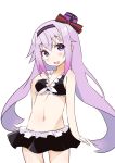  .live 1girl bangs bikini black_bikini blush bow carro_pino commentary frilled_bikini frills hair_bow hairband hat highres long_hair looking_at_viewer mini_hat navel open_mouth purple_hair shirogane_(platinum) simple_background sketch smile solo standing swimsuit very_long_hair violet_eyes virtual_youtuber white_background 