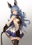  1girl animal_ears armpit_crease armpit_peek bangs bare_shoulders big_hair blue_hair breasts brown_gloves brown_legwear commentary_request cowboy_shot dress erune ferry_(granblue_fantasy) frilled_gloves frills fur_trim gloves gradient gradient_background granblue_fantasy grey_background hair_between_eyes hand_on_hip head_tilt highres holding holding_whip houtengeki leather leather_gloves long_hair looking_at_viewer medium_breasts open_mouth rabbit_ears sideboob skindentation solo standing thigh-highs thighs turtleneck upper_teeth very_long_hair wavy_hair whip white_background white_frills yellow_eyes zettai_ryouiki 