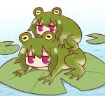  2girls animal animalization bangs blush commentary_request eyebrows_visible_through_hair frog frog_eyes frog_girl girl_on_top green_hair hair_between_eyes highres kemomimi-chan_(naga_u) lily_pad long_hair looking_at_viewer multiple_girls naga_u original red_eyes sidelocks v-shaped_eyebrows water 