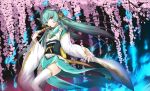 1girl blue_hair closed_fan eyebrows_visible_through_hair fan fate/grand_order fate_(series) floating_hair flower folding_fan hair_ornament holding holding_fan horns japanese_clothes kauto kimono kiyohime_(fate/grand_order) long_hair long_sleeves looking_at_viewer obi pink_flower sash solo standing thigh-highs very_long_hair white_legwear wide_sleeves yellow_eyes 