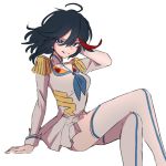  1girl arm_behind_head arm_support bangs black_hair blue_eyes blue_neckwear commentary crossed_legs dress epaulettes grin half-closed_eyes high_collar highlights invisible_chair junketsu kill_la_kill looking_at_viewer matoi_ryuuko medium_hair mittsun multicolored_hair neckerchief pleated_dress print_legwear redhead short_dress simple_background single_vertical_stripe sitting smile solo streaked_hair thigh-highs two-tone_hair white_background white_dress white_legwear wind 