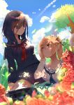  2girls absurdres bag black_hair black_neckwear black_skirt blonde_hair blue_sky blush bookbag brown_eyes chee_(hyunjjang030) clouds dappled_sunlight eye_contact flower green_ribbon hair_ribbon highres jpeg_artifacts looking_at_another multiple_girls original ribbon rose school_uniform sitting skirt sky sunlight tree violet_eyes 