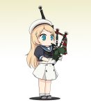  1girl bagpipes blonde_hair blue_eyes blue_sailor_collar commentary_request dress frilled_legwear full_body gloves gradient gradient_background grey_background hat highres instrument jervis_(kantai_collection) kantai_collection long_hair sailor_collar sailor_dress sailor_hat short_sleeves solo standing white_dress white_gloves white_headwear yakuto007 