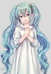  1girl aqua_eyes aqua_hair asahi_yuuji commentary dress grey_background hands_on_own_chest hands_together hatsune_miku highres long_hair looking_at_viewer sailor_collar sailor_dress simple_background smile twintails upper_body very_long_hair vocaloid white_dress 