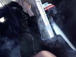  1girl ahoge bangs black_dress breasts cigarette coat dress eyebrows_visible_through_hair fate/apocrypha fate/grand_order fate_(series) fur-trimmed_coat fur_trim hand_in_pocket highres holding holding_cigarette jeanne_d&#039;arc_(alter)_(fate) jeanne_d&#039;arc_(fate)_(all) kawanakajima large_breasts looking_at_viewer night short_dress short_hair silver_hair smoke smoking solo storefront tsurime yellow_eyes 