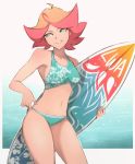  1girl amanda_o&#039;neill bikini blush green_bikini green_eyes highres little_witch_academia looking_to_the_side multicolored_hair multiple_girls navel omiza_somi orange_hair short_hair smile solo surfboard swimsuit two-tone_hair 