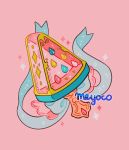  aqua_ribbon artist_name bow food fruit heart meyoco no_humans original pink_background ribbon simple_background sparkle transparent watermelon 