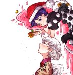  2girls :3 angel_wings animal artist_name bare_arms blob blush bow bowtie braid brooch closed_mouth collared_shirt doremy_sweet dress ear_blush flower french_braid from_side grey_hair grey_wings half-closed_eyes hat highres holding holding_flower jacket jewelry kishin_sagume looking_at_another looking_down looking_up multiple_girls nightcap open_mouth pom_pom_(clothes) purple_hair red_headwear sheep shirt short_hair short_sleeves single_wing sleep_(isliping) smile tail tapir_tail touhou violet_eyes wings 