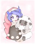  1girl :3 :d ahoge animal_ears blue_hair chefhart crossover doremy_sweet eyebrows_visible_through_hair hat highres hug nightcap open_mouth pokemon pokemon_(game) pokemon_swsh pom_pom_(clothes) sheep smile touhou upper_body violet_eyes wooloo 