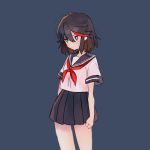  1girl alternate_costume bangs black_hair black_skirt blouse blue_eyes bright_pupils clenched_hand closed_mouth commentary highlights kill_la_kill light_frown looking_to_the_side matoi_ryuuko miniskirt mittsun multicolored_hair navy_blue_background neckerchief panties pleated_skirt red_neckwear redhead school_uniform serafuku short_hair short_sleeves skirt solo standing streaked_hair two-tone_hair underwear white_blouse white_panties white_pupils 