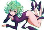  1girl artist_name aura black_dress breasts curly_hair dress eyebrows_visible_through_hair flipped_hair floating green_eyes green_hair hair_between_eyes high_heels highres liyart looking_at_viewer one-punch_man open_mouth pelvic_curtain short_hair side_slit simple_background small_breasts solo tatsumaki telekinesis white_background 