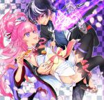  1boy 1girl :d armpits black_hair black_jacket black_legwear black_pants blazer blue_shirt breasts character_request checkered checkered_background couple detached_sleeves earrings eye_contact fang floating_hair highlights highres jacket japanese_clothes jewelry kimono long_hair long_sleeves looking_at_another magic_circle multicolored_hair necktie necktie_grab neckwear_grab oda_nobuhime oda_nobuhime_(channel) open_blazer open_clothes open_jacket open_mouth pants pink_hair purple_sleeves shiny shiny_hair shirt short_kimono sleeveless sleeveless_kimono small_breasts smile sumi_otto thigh-highs thigh_strap very_long_hair violet_eyes virtual_youtuber white_kimono white_neckwear 