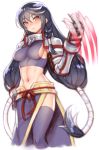  1girl abs albel_nox albel_nox_(cosplay) alternate_hairstyle black_hair blush braid breasts claws closed_mouth cosplay cowboy_shot folks_(nabokof) long_hair looking_at_viewer low-tied_long_hair medium_breasts midriff navel purple_legwear sideboob simple_background solo standing star_ocean star_ocean_till_the_end_of_time tales_of_(series) tales_of_berseria thigh-highs trait_connection twintails velvet_crowe white_background yellow_eyes 