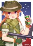  1girl artist_name australia blush brown_hair f1_(girls_frontline) fingerless_gloves girls_frontline gloves green_gloves green_headwear gun hat highres holding holding_gun holding_weapon jacy long_hair looking_at_viewer open_mouth puffy_short_sleeves puffy_sleeves short_sleeves smile solo twintails twitter_username upper_teeth violet_eyes weapon 