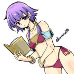 1girl adapted_costume alternate_costume bikini book bracelet breasts cowboy_shot dutch_angle eyebrows_visible_through_hair fire_emblem fire_emblem:_seima_no_kouseki jewelry looking_at_viewer lute_(fire_emblem) midriff necklace purple_bikini purple_hair short_hair sidelocks simple_background small_breasts solo swimsuit twitter_username violet_eyes white_background yukia_(firstaid0) 