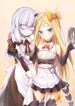  2girls abigail_williams_(fate/grand_order) alternate_costume apron bags_under_eyes bangs bare_shoulders bear_hair_ornament belt_collar black_bow black_dress black_gloves black_legwear black_skirt blonde_hair blush bow brown_background brown_collar closed_mouth collar commentary_request cowboy_shot crossed_bandaids detached_collar dress elbow_gloves enmaided eyebrows_visible_through_hair fate/grand_order fate_(series) frilled_apron frills garter_straps gloves hair_between_eyes hair_bow hair_ornament hand_on_another&#039;s_waist highres holding horn juliet_sleeves lavinia_whateley_(fate/grand_order) long_hair long_sleeves maid multiple_girls parted_bangs pleated_skirt puffy_sleeves silver_hair skirt smile thigh-highs very_long_hair violet_eyes waist_apron white_apron white_collar white_gloves wide-eyed wing_collar yellow_bow zhi_yu_(siro800102) 