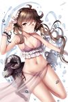  1girl animal animal_ears arknights arm_up bangs bikini blurry blurry_background blush brown_hair curled_horns eyebrows_visible_through_hair eyjafjalla frilled_bikini frills hair_between_eyes highres horns long_hair looking_at_viewer navel one_eye_closed see-through skirt smile solo swimsuit violet_eyes water white_background wsman 