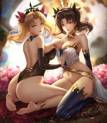  absurdres asymmetrical_legwear asymmetrical_sleeves bangs barefoot blonde_hair chunhui_lee commentary earrings elbow_gloves english_commentary ereshkigal_(fate/grand_order) fate/grand_order fate_(series) feet gloves highres hoop_earrings ishtar_(fate/grand_order) jewelry looking_at_viewer neck_ring parted_bangs red_eyes red_ribbon ribbon siblings single_elbow_glove single_thighhigh sisters sitting thigh-highs thighs 