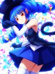  1girl blue_cat blue_hair braid cat_tail commentary_request eyewear_removed gloves hat highres mimimix paw_pose pointy_ears precure sleeveless solo star_twinkle_precure tail top_hat twin_braids yellow_eyes yuni_(precure) 